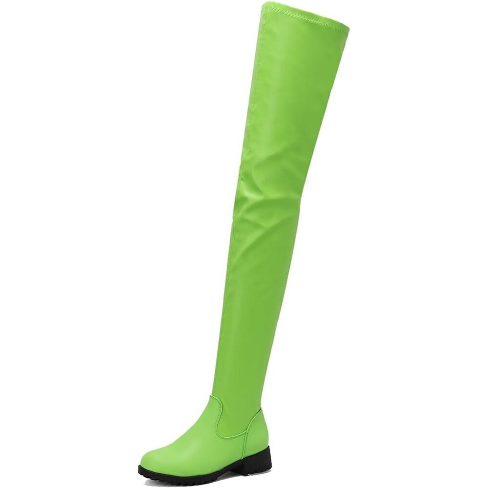 Women's Green Polyurethane Thigh High Over The Knee Rounded Toe Fashion Boots